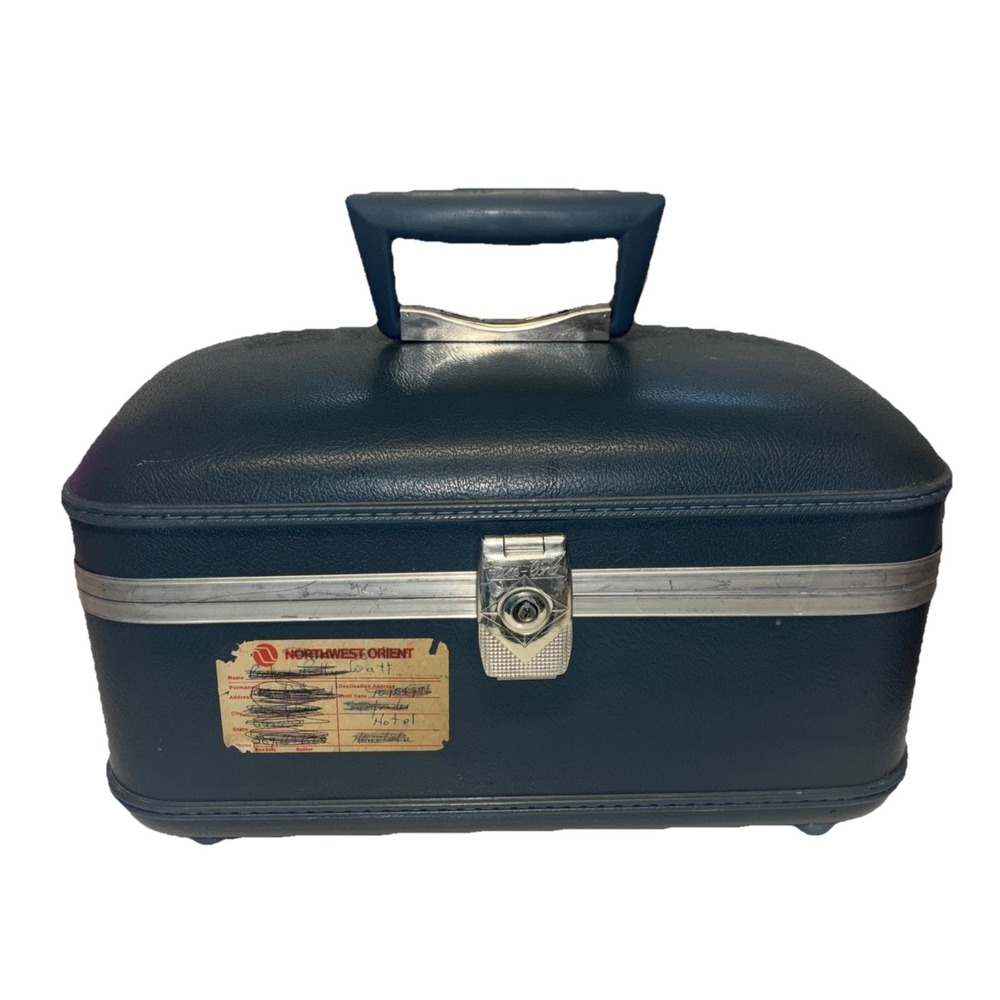 Vintage Starline Train Case Teal Blue Hard Shell Makeup Travel Luggage 1970s